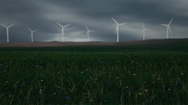 Wind turbines turning on a hill under cloudy sky. Loop animation