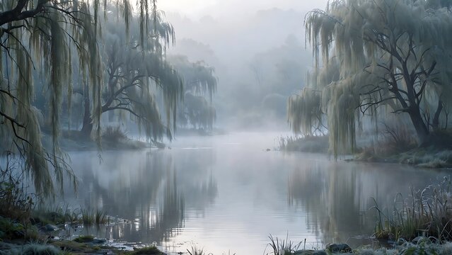 Tranquil misty lake surrounded by weeping willow trees in a serene foggy morning landscape