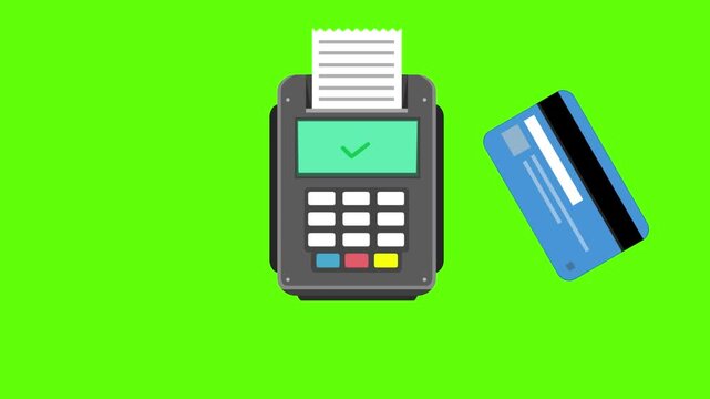 Cartoon style animation of a credit card payment terminal processing a contactless payment, green background, money, drawing, 2D, art.