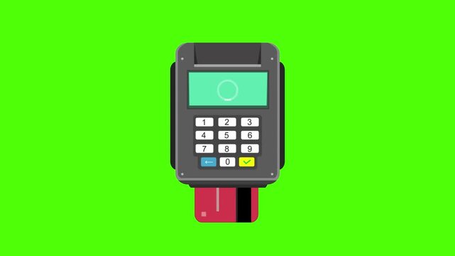 Cartoon style animation of a credit card payment terminal processing a payment with a card inserted, green background, money, drawing, art, 2D.