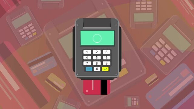 Cartoon style animation of a credit card payment terminal processing a payment with a card inserted, money, drawing, art, 2D.