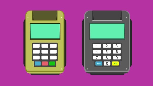 Animation in Cartoon style of two credit card payment terminals, red background, money, drawing, 2D, art.