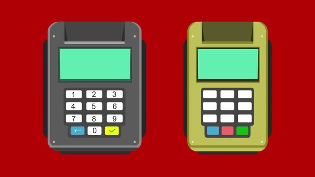Animation in Cartoon style of two credit card payment terminals, red background, money, drawing, art.