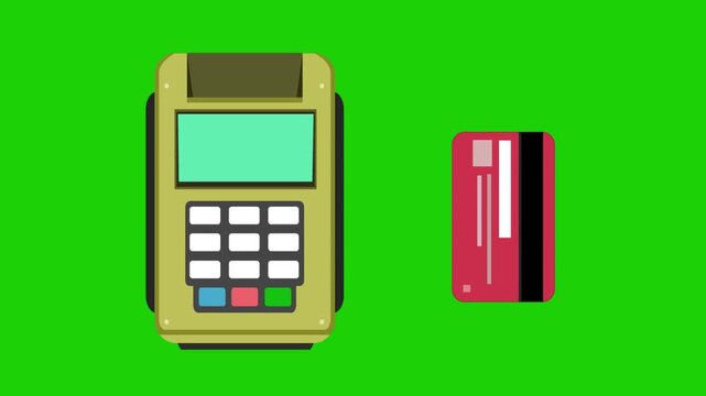 Animation in Cartoon style payment terminal and credit card, green background, money, drawing, 2D, art.