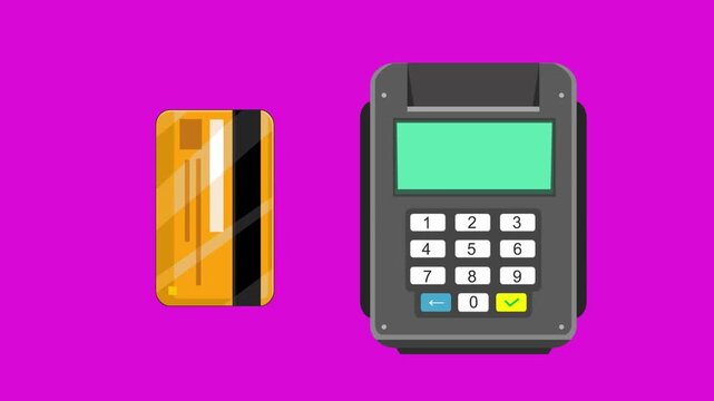 Animation in Cartoon style payment terminal and credit card, red background, money, drawing, 2D, art.