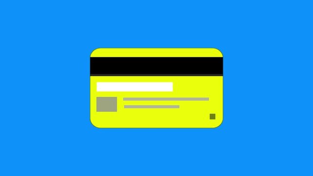 Cartoon style animation of a yellow credit card on a blue background, money, drawing, 2D, art.
