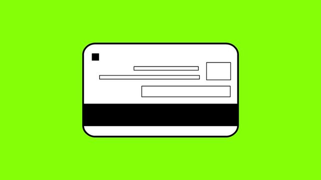 Cartoon style animation of a credit card on a green background, black and white, money, drawing, 2D, art.