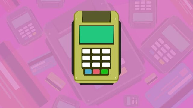 Cartoon style animation of a credit card payment terminal accepting a payment with a gold card, money, drawing, 2D, art.