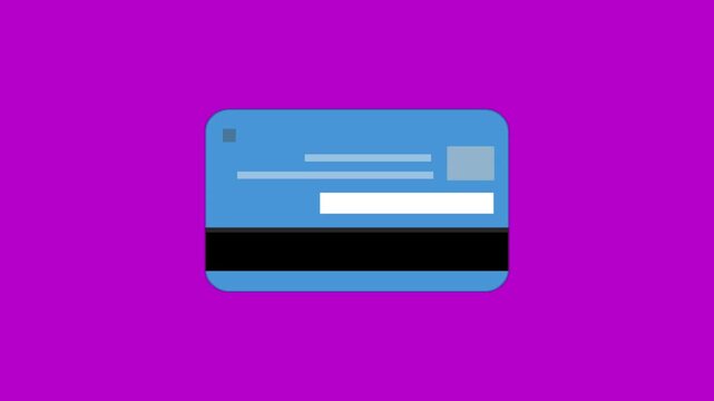 Cartoon style animation of a blue credit card on a red background, money, drawing, 2D, art.