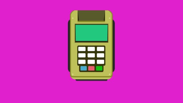 Cartoon style animation of a credit card payment terminal accepting a payment, red background, money, drawing, 2D, art.