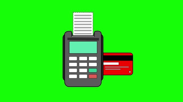 Cartoon style animation of a credit card payment terminal accepting and declining a payment, green background, money, drawing, 2D, art.