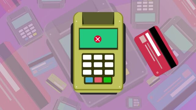 Cartoon style animation of a credit card payment terminal declining a contactless payment, background, money, drawing, 2D, art.