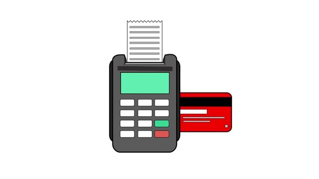 Cartoon style animation of a credit card payment terminal accepting and declining a payment, white background, money, drawing, 2D, art.