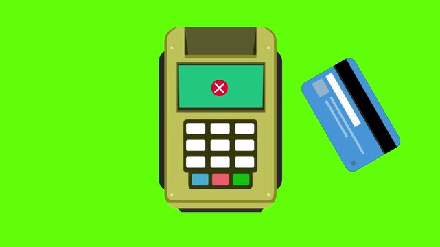 Cartoon style animation of a credit card payment terminal declining a contactless payment, green background, money, drawing, 2D, art.