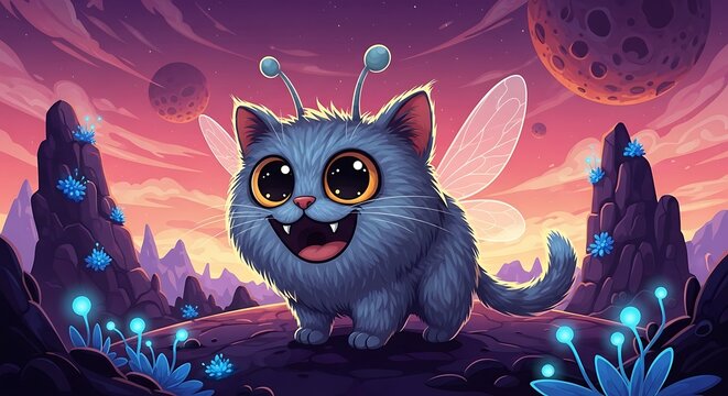 Fantasy alien cat creature in cosmic landscape