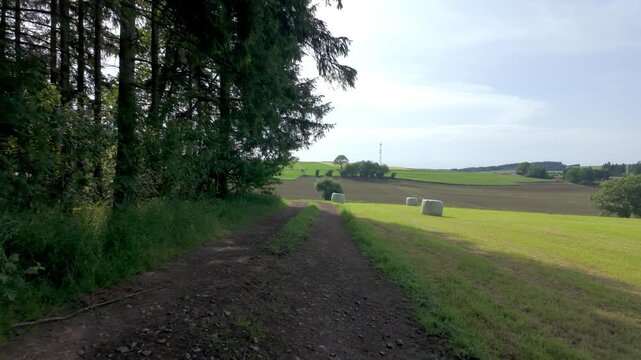 A slow tracking shot moving forward on a dirt path through a peaceful countryside landscape with green fields, a forest, and hay bales on a sunny summer day.