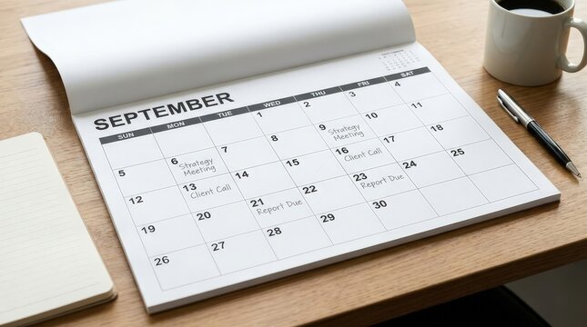 September desk calendar for monthly planning, scheduling, productivity, school organization and business time management.