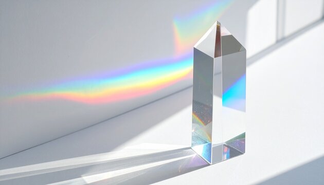 "A transparent triangular prism on white surface dispersing light into rainbow spectrum, colorful refractions spreading outward, symbolizing physics, optics, and the beauty of natural light phenomena.