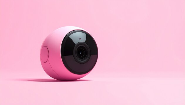 A pink smart camera with rounded design and black lens, symbolizing modern technology, elegance, and playful minimalism.