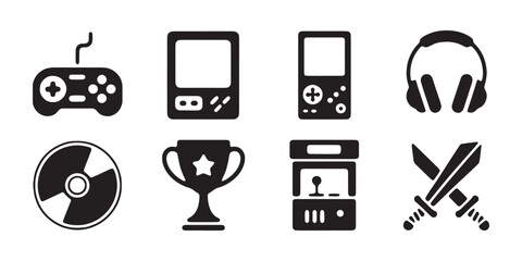 Universal game equipment collection featuring handheld consoles audio gear and competitive trophies. © Sarker