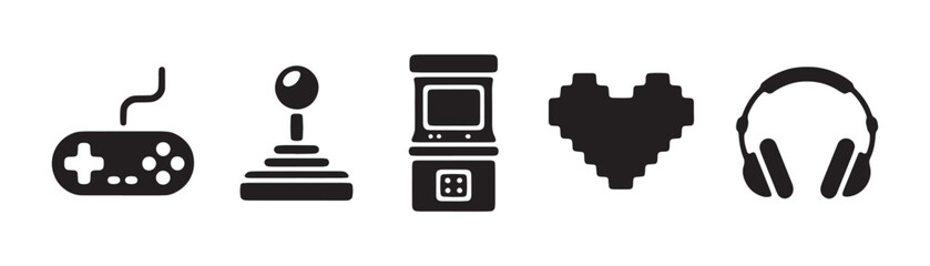 Set of flat gaming symbols including retro joystick arcade cabinet pixel heart and headset profile. © Sarker