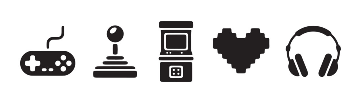 Set of flat gaming symbols including retro joystick arcade cabinet pixel heart and headset profile.