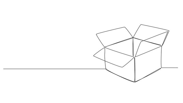 animated continuous line drawing of open empty cardboard box, line art animation