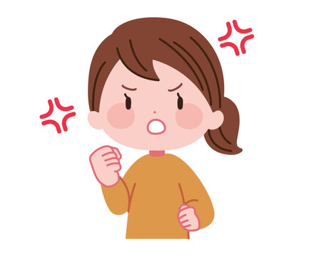 怒りマークを浮かべて拳を握りしめる激怒・不満な女性の可愛いイラスト素材