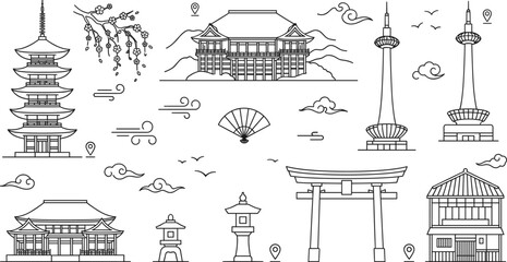 Fototapeta premium Japan travel landmark line icon set with pagoda temple torii gate and kyoto tower