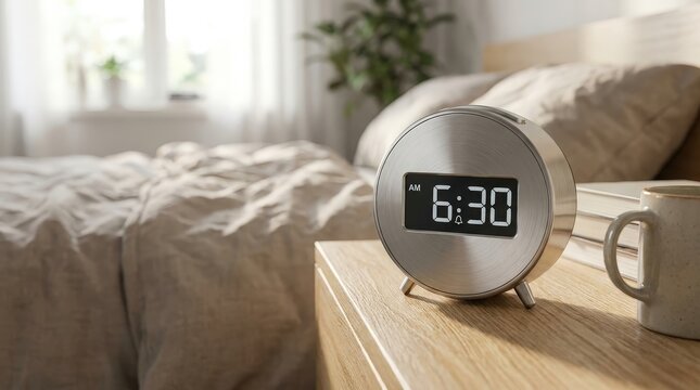 Digital alarm clock beside a bed for healthy morning routine, sleep schedule, productivity and daily time management.