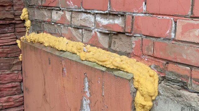 Yellow foam sealed plaster corner after leak, urban exterior scene showing vertical crack filled with expanding mounting foam