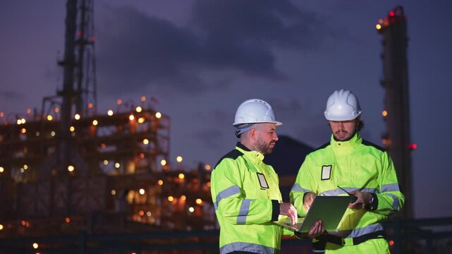 Industrial engineers inspecting an oil and gas refinery, reviewing plant operations and discussing maintenance, safety and energy infrastructure, refinery plant industry factory, Petrochemical plant.