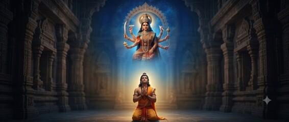 Obraz premium Goddess Durga Blessing Lord Rama – Akal Bodhon Divine Revelation
