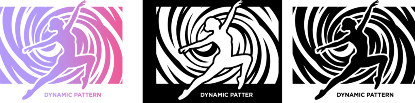 Dynamic pattern ballet dancer silhouette, graceful gymnast jumping against swirl background, artistic female athlete vector set for dance studio branding