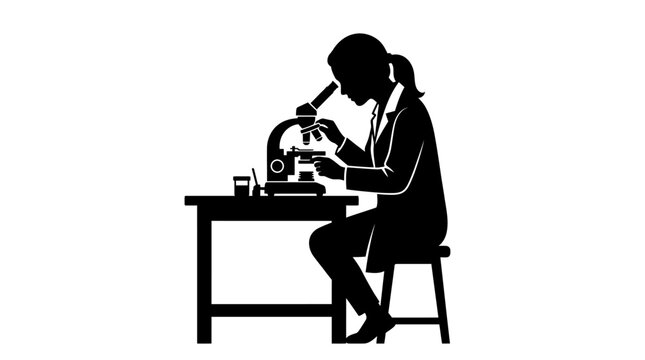 A black silhouette of a female scientist working with a microscope at a laboratory table.