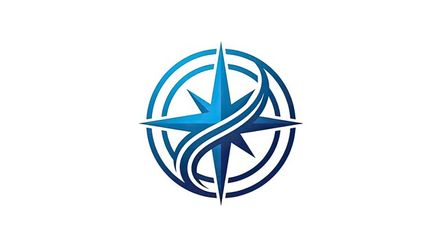 Blue compass star logo with circular waves.