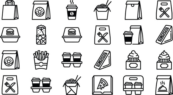 Fast food takeaway icons, food packaging delivery symbols, coffee cup container graphics, street food service elements