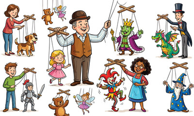 Puppet Show Marionette Character Collection Featuring Puppeteer, Fairy, Dragon, Wizard, Knight, Jester, King, Dog, and Teddy Bear Cartoon Illustrations