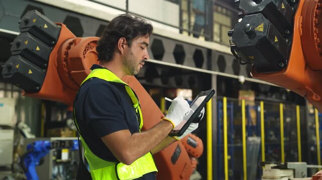 Industrial engineer inspecting a robotic arm machine in an automated manufacturing factory, robotics, automation, smart manufacturing, machine maintenance, quality control and Industry 4.0 technology.