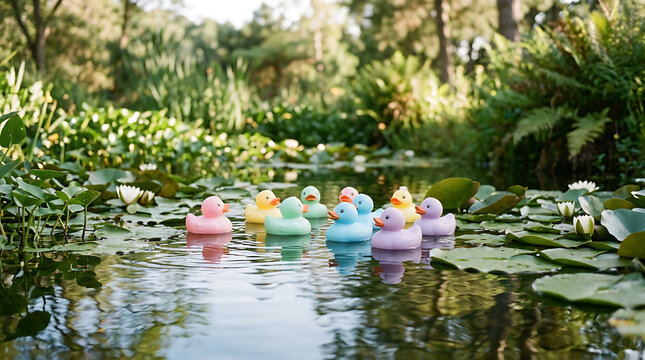 A charming gathering of colorful rubber duckies bobbing gently on a tranquil pond amidst lush greenery and lilypads