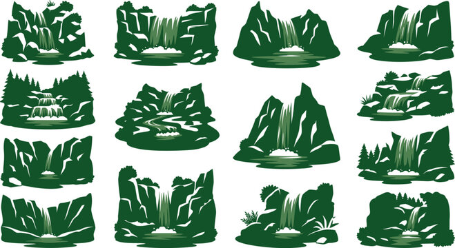 Natural waterfall landscape icons, mountain river cascade silhouettes, outdoor adventure elements, wild park water features