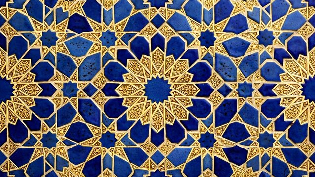 Intricate blue and gold geometric tile mosaic with ornate star patterns on a historic architectural wall