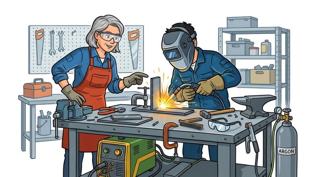 Welder teaching metalworking to a student. Professional instructor training apprentice.