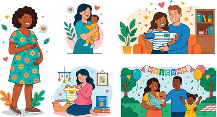 Pregnancy, Motherhood, and Family Celebration Illustration Collection Featuring Expectant Mother, Newborn Baby, Adoption, Baby Shower, and Parenting Lifestyle Concepts