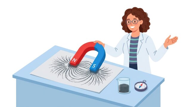 Young scientist conducting magnetism experiment with horseshoe magnet. Child researcher exploring magnetic field lines using iron filings in lab se...