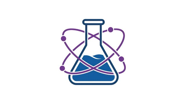 Laboratory flask with orbiting atoms icon. Science research logo for chemistry study.