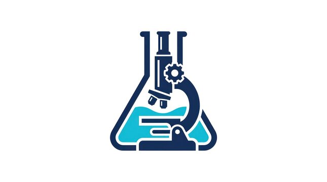 Laboratory science logo with flask and microscope. Modern research emblem for biotech, medical, and education branding.