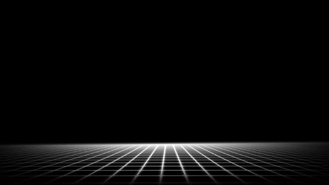 Retro 80s 3D wireframe grid moving forward seamless loop. Black and white synthwave floor mesh camera flyover background.