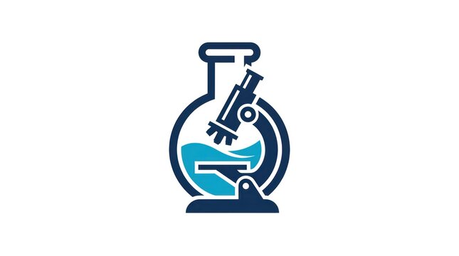 Modern laboratory logo with flask and microscope icon. Scientific research emblem for biotech, medicine, and innovation branding.