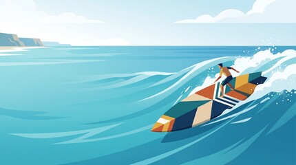 Fototapeta premium Surfer riding a wave on a surfboard. Man surfing in the ocean on a colorful board.